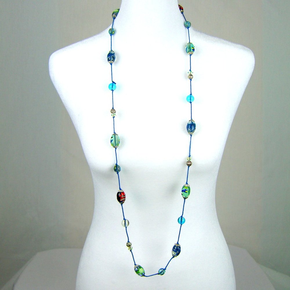 Necklace Fish Turtles 42" Hand Painted Glass Beads